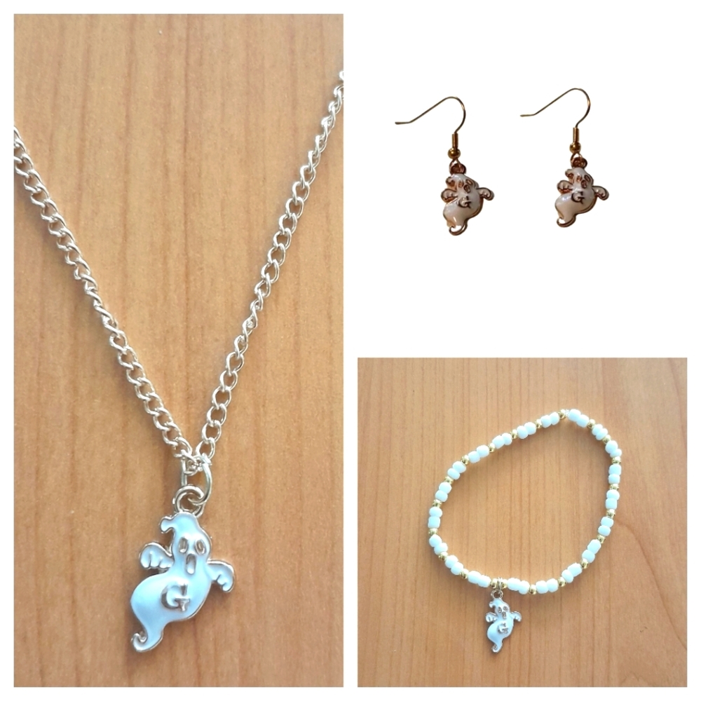 Gold Plated White Enamel Mini Ghost Charm Necklace, Earrings & Bracelet Set